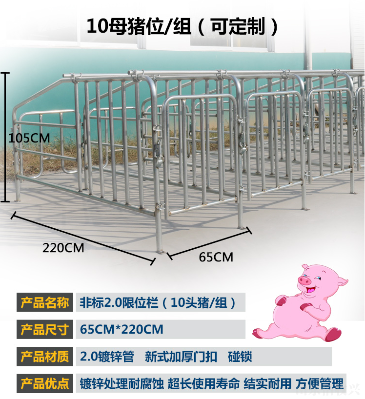 0母猪限位栏    产品尺寸:0.65*2.2m (10头猪位/组)    产品材质:2.